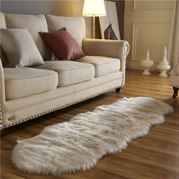 Area Rug Faux Fur Sheepskin Beige for Home Bedroom, Fluffy Small Fuzzy Furry Rug - Picture 3 of 7